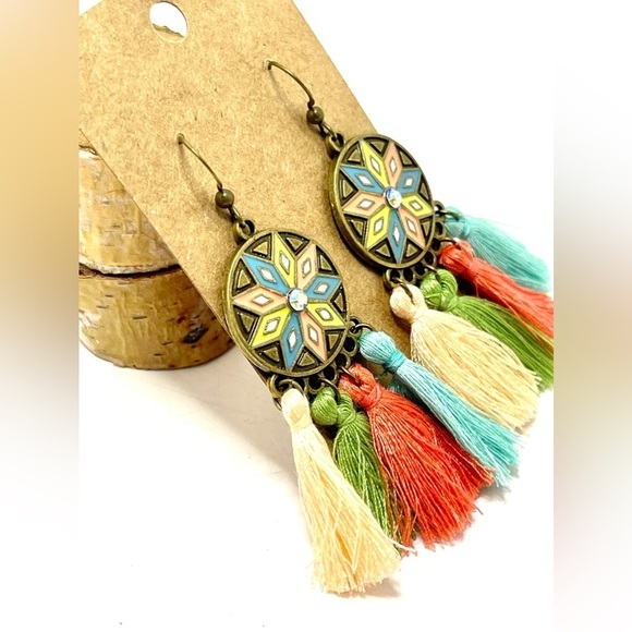 Independent Jewelry - NEW INVENTORY! Antiqued Bronze Boho Enamel, Tassel and Rhinestone Earrings.​